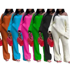 New European and American women's casual solid color loose knit set