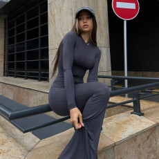 New round neck long sleeved leggings for women's fashionable sports style tight zippered jumpsuit