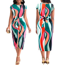 Sexy and fashionable digital printed short sleeved round neck women's dress