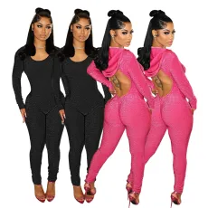 Deep V-back hooded slim fitting nightclub style hollow out sexy jumpsuit