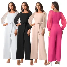 Jacquard bubble sleeved square collar waist up jumpsuit