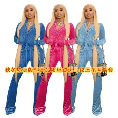 Autumn/Winter Zipper Drawstring Velvet Zebra Embossed Casual Set