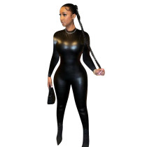 New Women's Solid Color PU Faux Leather Pleated Snake Pattern Slim Fit Long Sleeve Wrapped Hip One Piece Pants