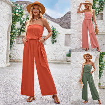 Vacation style foreign trade solid color bra tied waist slimming jumpsuit
