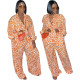 Printed shirt collar long sleeved pants two-piece set