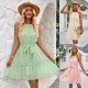 Solid casual neck hanging sleeveless waist tied dress