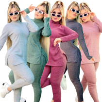 Autumn and Winter New High Neck Knitted Solid Color Slim Fit Sweater Set