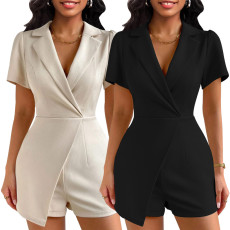 Sexy and fashionable solid color suit collar jumpsuit