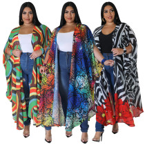 Large Women's Fashion Cloak Long Printed Chiffon Shirt