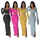 New Pit Stripe Printed Pleated Side Pocket Split Skirt Set