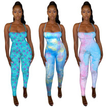 Fashionable women's pants, sexy suspender, backless printed jumpsuit