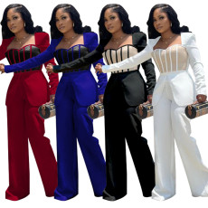Sexy waistband contrasting color patchwork long sleeved wide leg jumpsuit