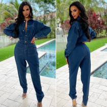 Slim fit elastic small foot wash denim jumpsuit jumpsuit