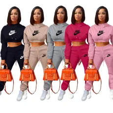Suede hooded sweater casual printed two-piece set