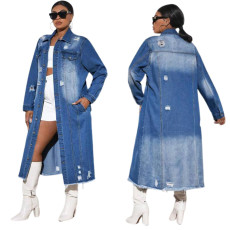 Fashionable women's clothing with torn holes, long sleeved denim trench coat, cardigan denim cape