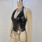 Fashionable PU leather neck strap sexy strapping tight waist vest for women