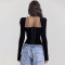 New Square Neck Long Sleeve Slim Fit T-shirt Fashion Versatile Sexy Temperament Open Back Strap Top