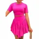 Large European and American casual solid color original collar short sleeve set with pleats