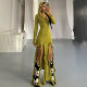 Sexy and fashionable long sleeved V-neck hooded ruffled split long skirt