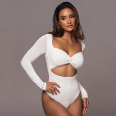 Sexy Versatile Solid V-Neck Long Sleeve Hollow Out Waist Bodysuit