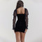 Sexy trend long sleeved square neck slim fitting backless patchwork buttocks short skirt