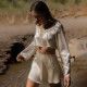 American Fashion Spicy Girl U Neck Long Sleeve Spliced Off waist Short Dress Two Piece Set