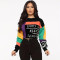Fashionable Casual Waist Wrapped Round Neck Sweater Color Block Letter Printing Drawstring Top for Women
