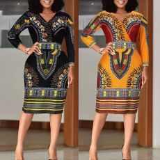 Fashion V-neck printed ethnic style sexy oversized dress