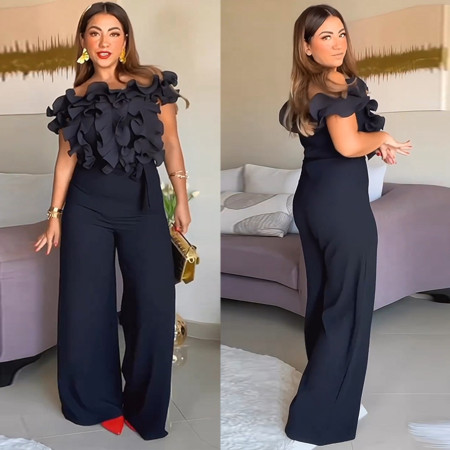 Slim Fit Lace Strap Off Shoulder Wide Leg Pants Jumpsuit