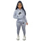 Autumn and winter printed plush drawstring solid color hood two-piece set (including pockets)