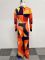 Slim fitting deep V printed wide leg lapel with waistband elastic long sleeved jumpsuit