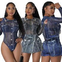 New mesh top positioning printed pants skirt set