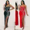 Sexy Hot Diamond Sleeveless Wrapped Hip Split Tight Elastic Dress