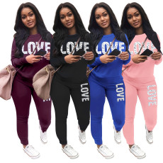 LOVE letter printed round neck long sleeved pants set