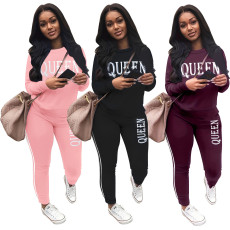 Autumn and winter plush QUEEN letter printed long sleeved round side striped pants set