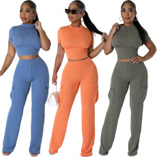 Fashion solid color short sleeved wide leg pants two-piece set