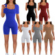 Solid color short sleeved large neckline fashionable and comfortable pit stripe sports jumpsuit shorts