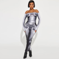 Sexy Large Size Set Skirt Autumn/Winter Off Shoulder Tight Long Dress Two Piece Set