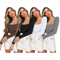 Autumn/Winter Top Long sleeved Square Neck Pit Ribbed Elastic Slim Fit Bottom