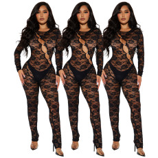 Elastic lace hollow with diamond nightclub style sexy jumpsuit