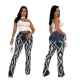 High elastic denim with distressed plaid pattern and loose micro flared jeans