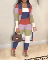 Casual Fashion Colorful Plaid Pattern Long Pants and Coat Set of Three