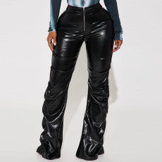 High waisted pleated tight straight leg leather pants