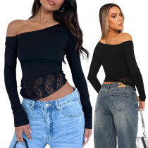 New Women's Casual Lace Edge Long sleeved T-shirt Spring and Autumn Solid Color Slim Fit Pullover Street Wear Bottom Top