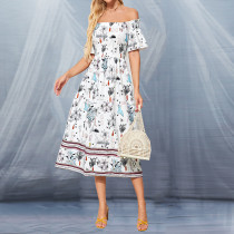 One line neck short sleeved formal dress with printed medium length skirt