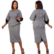 Long sleeved positioning printed patchwork sleeve cage long skirt two-piece set