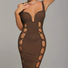 Hollow out low cut European and American dress, new tight fitting backless bandage dress
