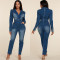 Sexy suit collar double breasted denim jumpsuit