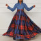 Large size temperament denim patchwork printed plaid long skirt with lapel for foreign trade dress