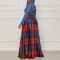 Large size temperament denim patchwork printed plaid long skirt with lapel for foreign trade dress